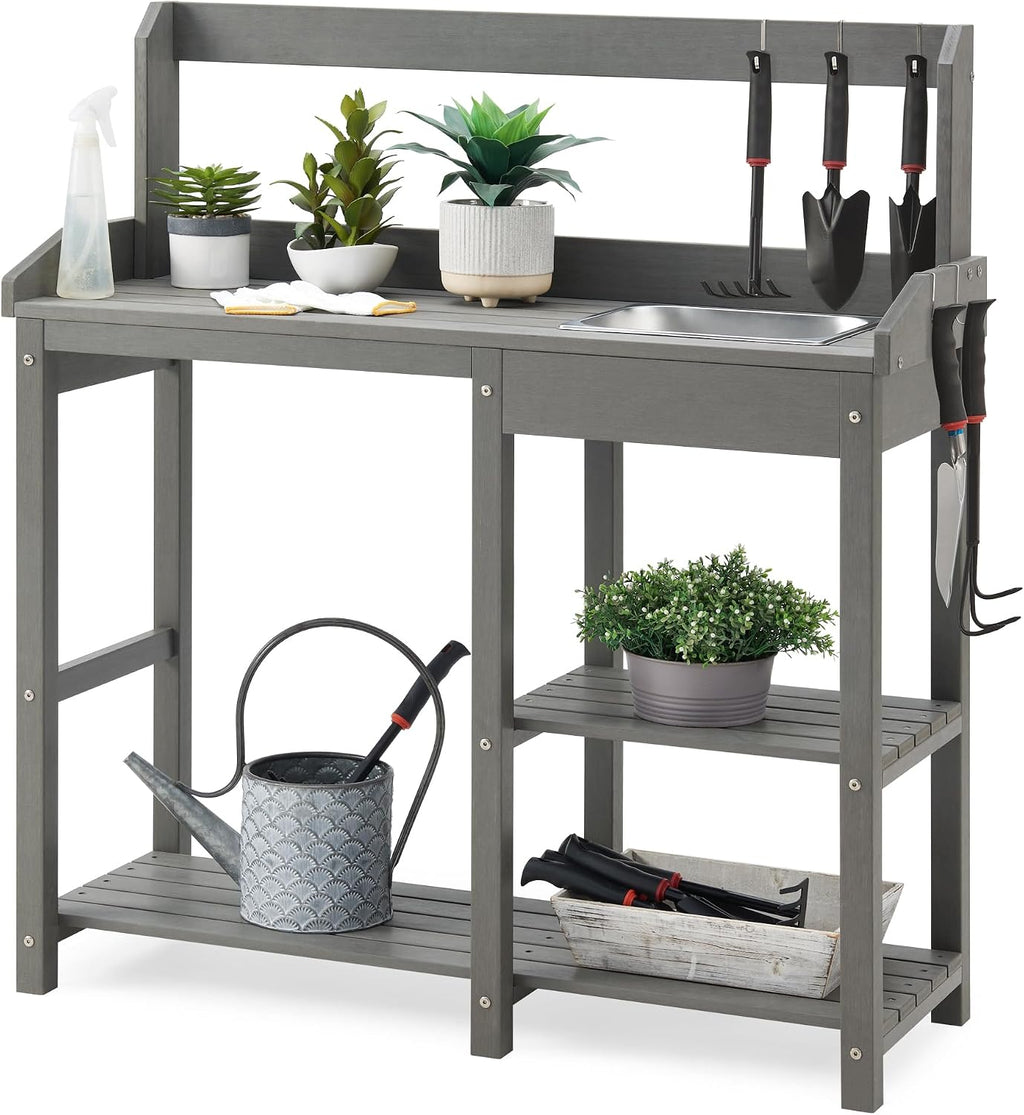 Psilvam Outdoor Potting Bench with Sink, Rot-Resistant HDPS Potting Table for Outside Garden, All-Weather Use, (Grey)