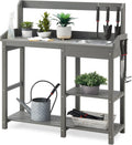 Psilvam Outdoor Potting Bench with Sink, Rot-Resistant HDPS Potting Table for Outside Garden, All-Weather Use, (Grey)