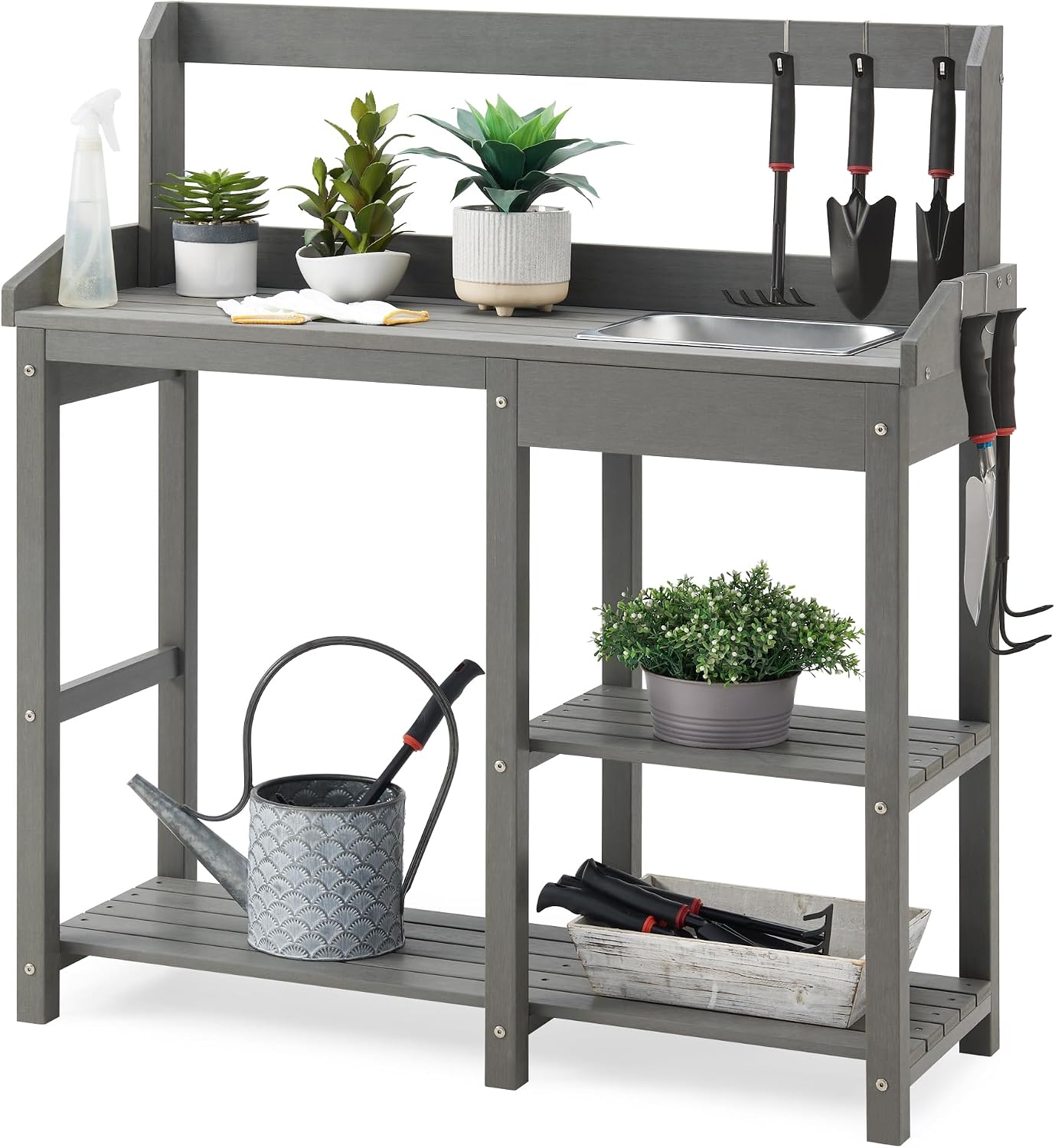 Psilvam Outdoor Potting Bench with Sink, Rot-Resistant HDPS Potting Table for Outside Garden, All-Weather Use, (Grey)