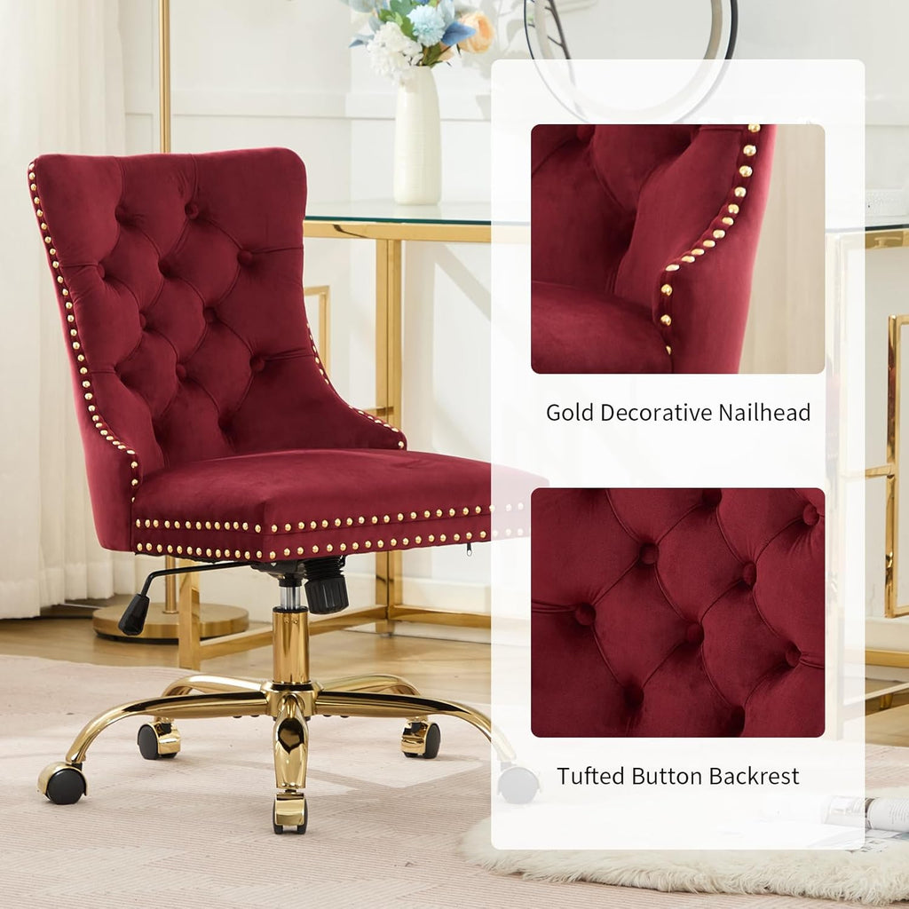 Velvet Home Office Chair with Wheels & Gold Base, Cute Makeup Vanity Chair with Tufted Back for Bedroom, Upholstered Adjustable Swivel Comfy Desk Chair for Girls Women, Burgundy