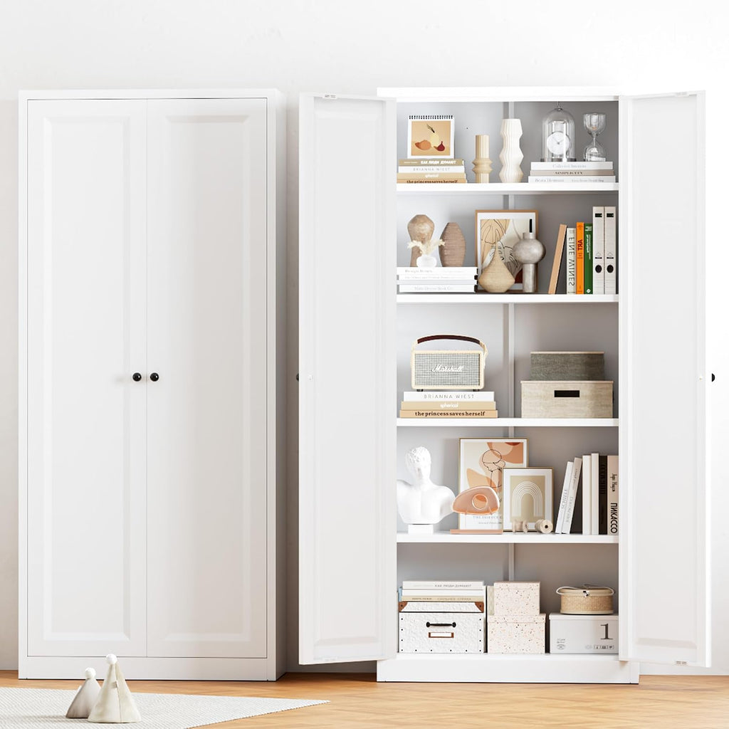 Greenvelly Metal Cabinet, 63' H White Metal Storage Cabinet with Doors and 4 Shelves, Pantry Storage Cabinet for Kitchen, Bedroom, Living Room, Office (Modern)