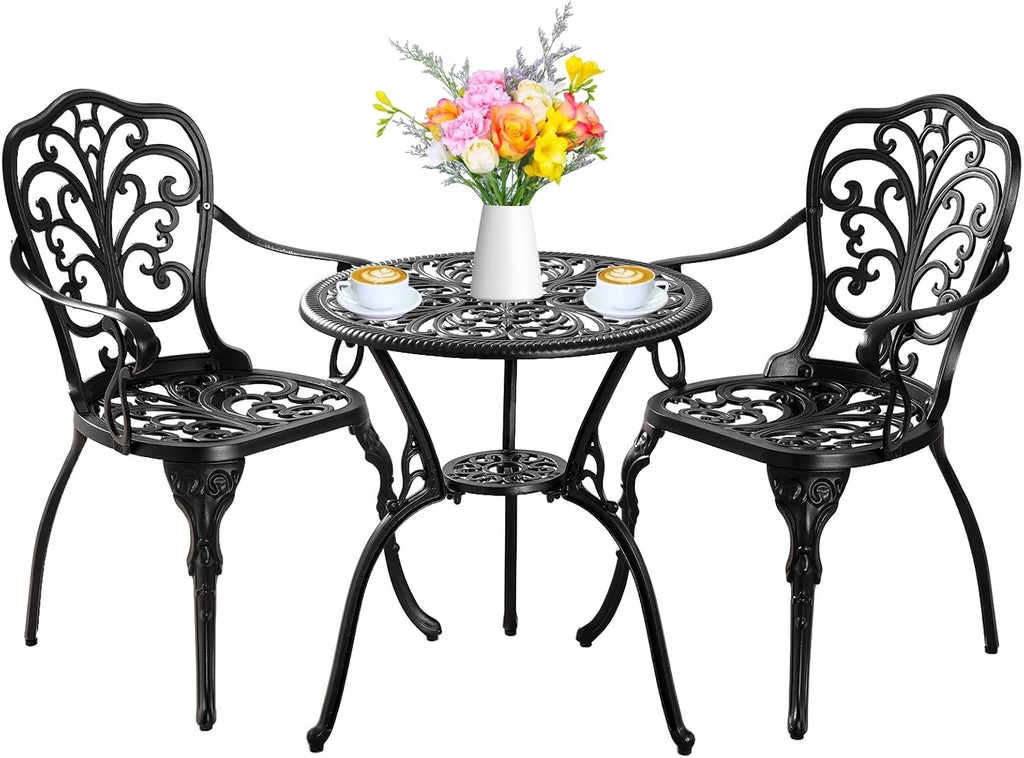 Bistro Set 3 Piece Outdoor, Bistro Table and Chairs Set of 2, All Weather Patio Bistro Set with Umbrella Hole, Patio Set for Garden, Black