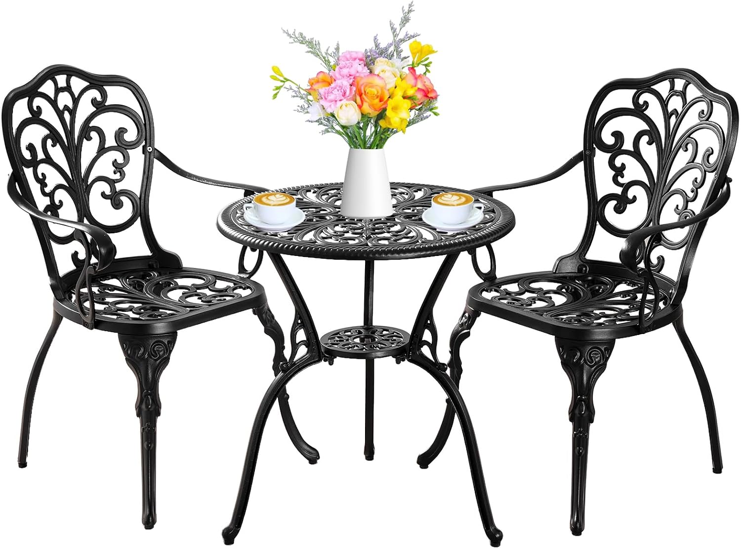 Bistro Set 3 Piece Outdoor, Bistro Table and Chairs Set of 2, All Weather Patio Bistro Set with Umbrella Hole, Patio Set for Garden, Black