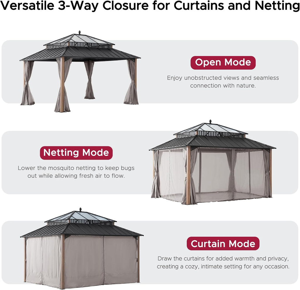SUNJOY Kingston 14' x 12' Hardtop Gazebo with Galvanized Steel/Polycarbonate Double Roof, Curtain and Netting, Woodgrain Finish Aluminum Posts Permanent Pavilion Gazebo for Garden, Patio, Deck, Lawn