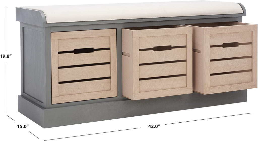 SAFAVIEH Home Collection – Briar 3-Drawer Upholstered Storage Bench, Farmhouse Entryway Accent Bench with Cushion Top, Distressed Grey Frame & Sand Drawer Fronts (BCH5700C)