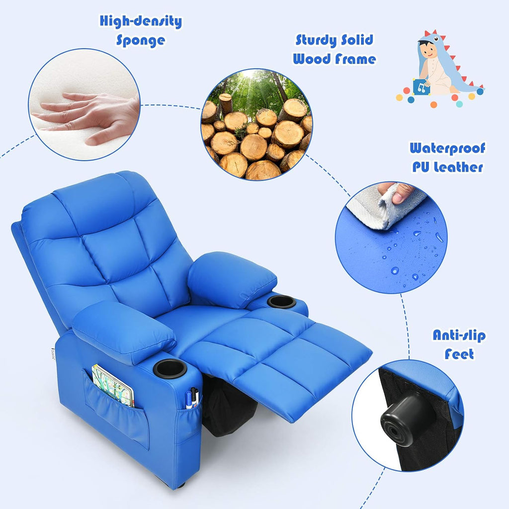 MAT EXPERT Kids Recliner, Leather Adjustable Reading Gaming Chair w/ 2 Cup Holder, 3 Side Pocket Storage & Footrest, Kids Couch Toddler Lounge Chair for Boys Girls, Kids Room Playroom Nursery (Blue)