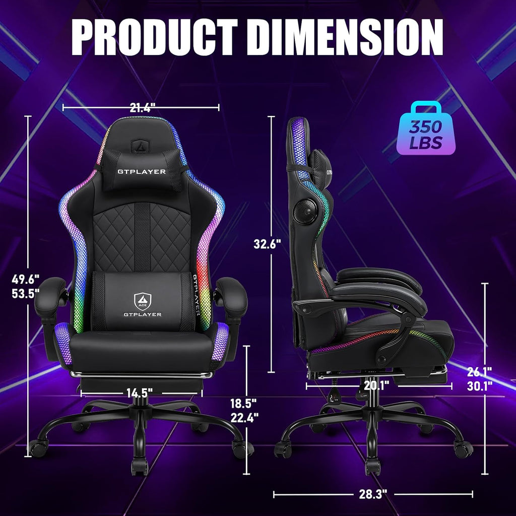 GTPLAYER RGB Gaming Chair with Speakers - LED Computer Game Chair for Adults, PC Home Office Chairs with Footrest & Lights, Reclining Desk Chairs, Black