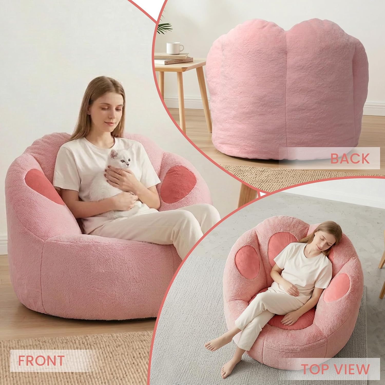 Achicsofar Bean Bag Chair for Adults Teens, Gaint Faux Fur Cat's Paw Shape Beanbag Chairs Memory Foam Filled Accent Floor Sofa for Reading, Gaming, Relaxing in Living Room, Bedroom, Dorm