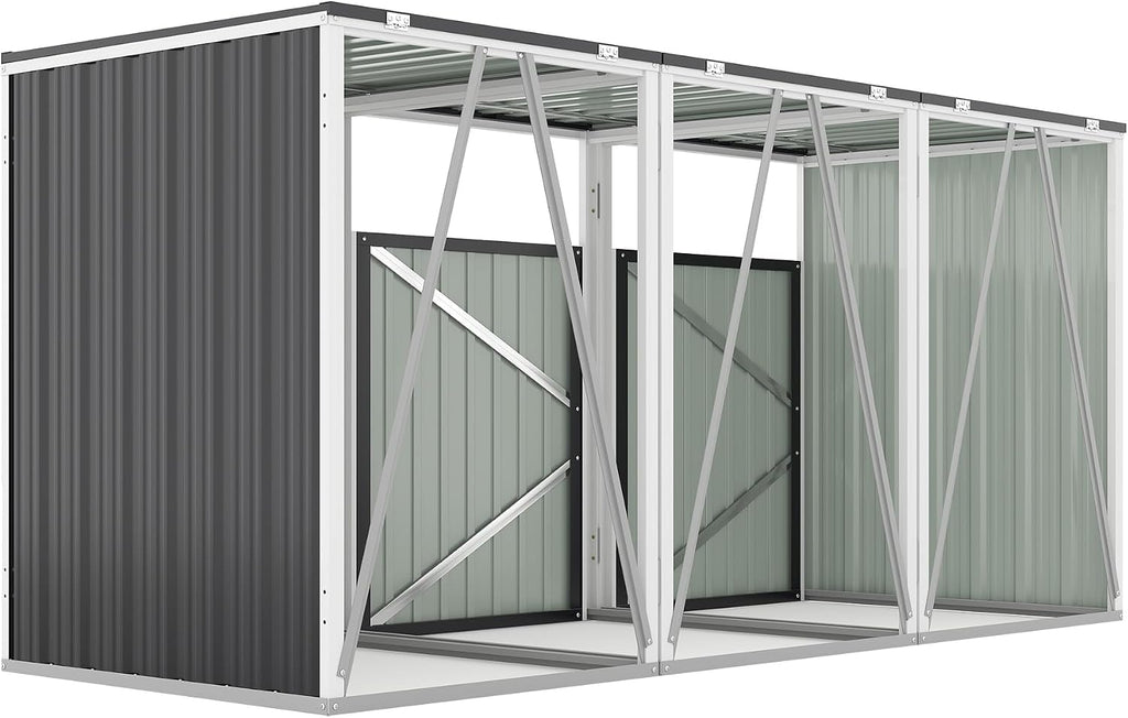Outdoor Metal Trash Can Storage Shed for 3 Garbage Bins, Galvanized Steel Triple Bin Enclosure with Lockable Doors & Hydraulic Lid, Garden Yard Storage Cabinet for Recycling, Dark Gray