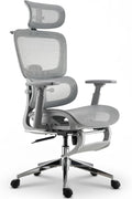 Ergonomic Office Chair, Home Mesh Desk Computer Chair, Comfortable Gaming Chair with Footrest, Wheels, Adjustable 2D Headrest, Lumbar Support, High Back and 3D Armrest, Grey