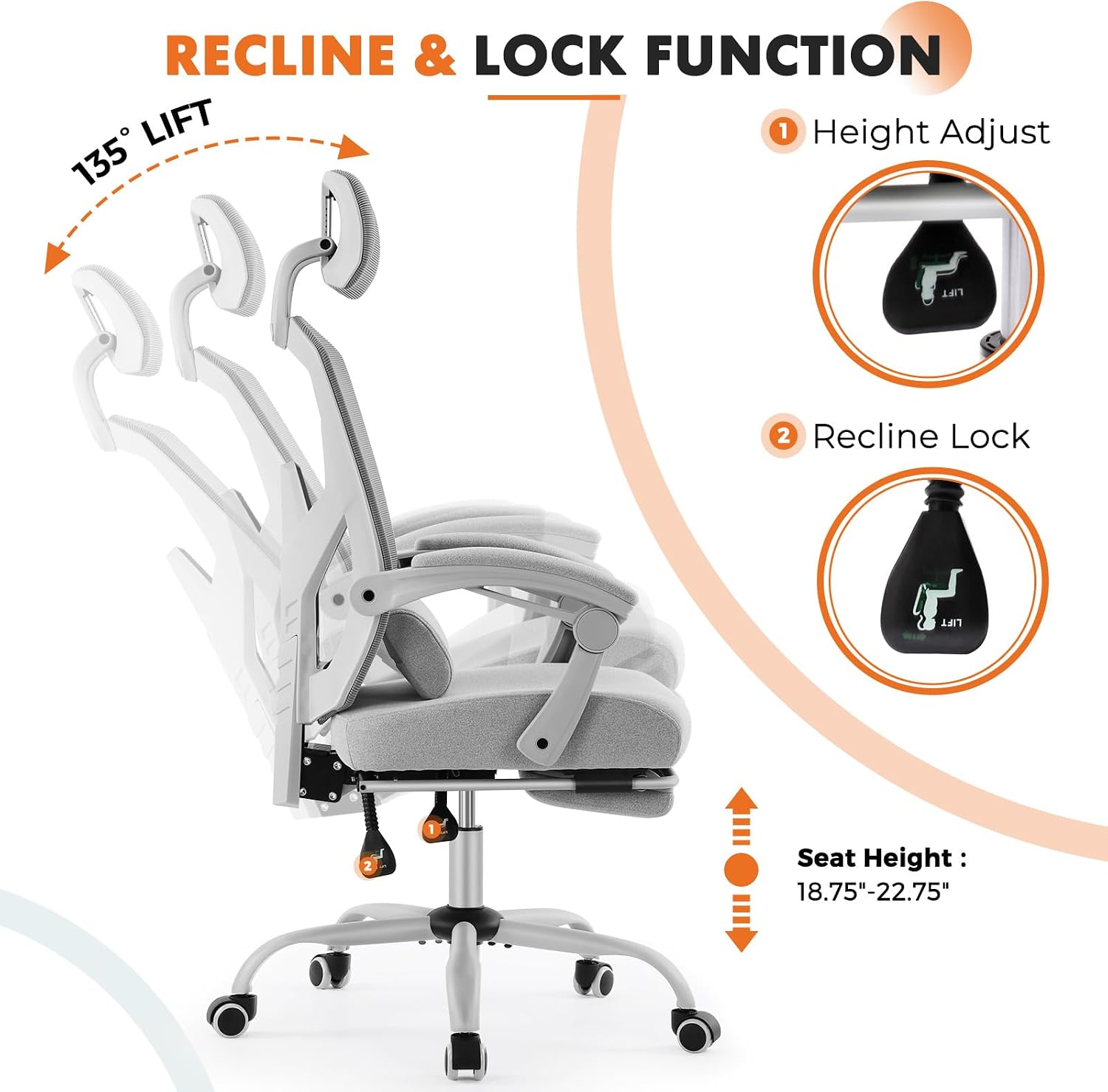 Sweetcrispy Office Computer Desk Chair Set of 2, Ergonomic High-Back Mesh Rolling Work Swivel Chairs with Wheels, Comfortable Lumbar Support, Comfy Arms for Home, Bedroom, Study, Student, Light Grey
