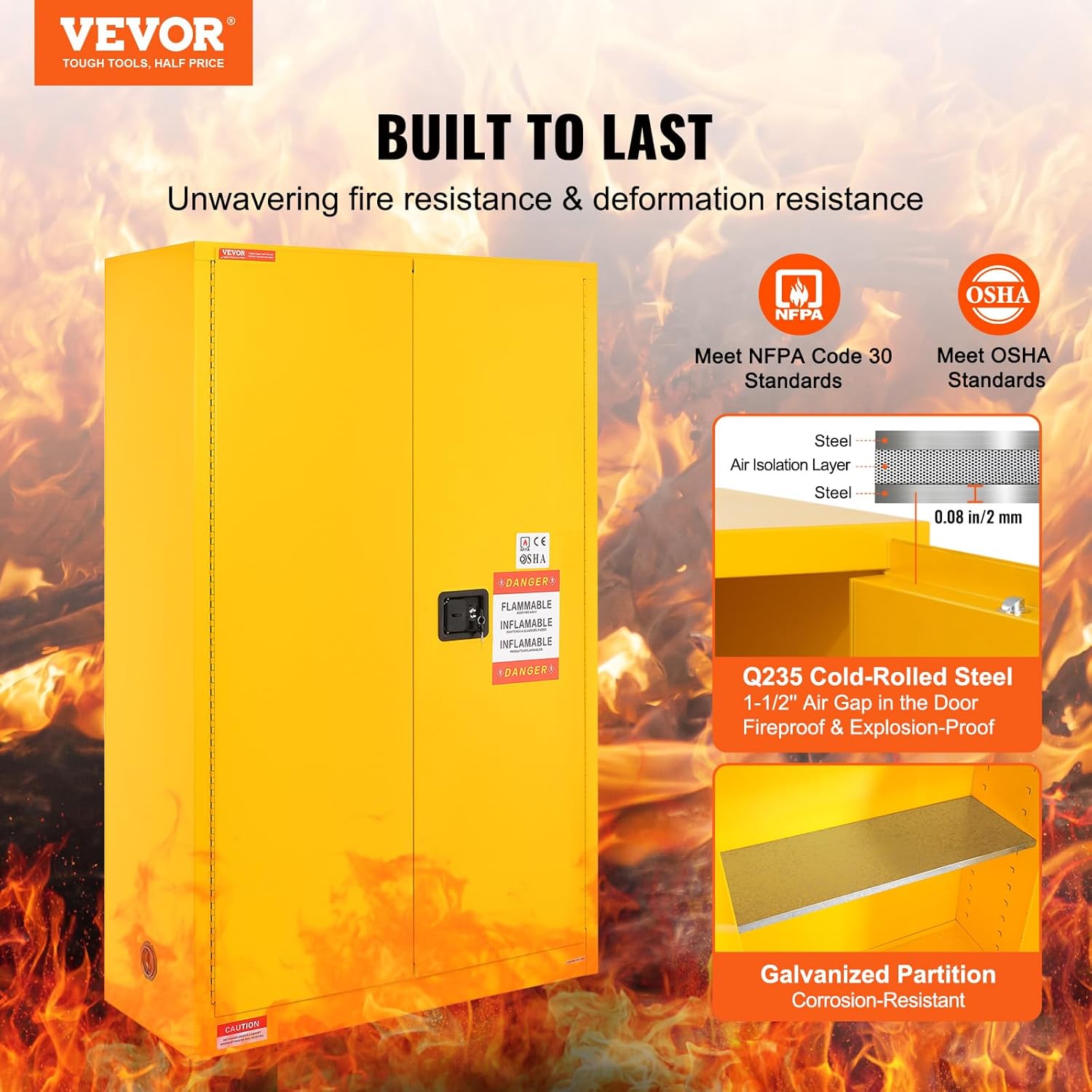 VEVOR Flammable Cabinet 18' x 43' x 65', Cold-Rolled Steel Flammable Liquid Storage Cabinet, 45 Gal in Explosion Proof with 2 Adjustable Shelves 2 Manual Doors for Industrial Use, Yellow