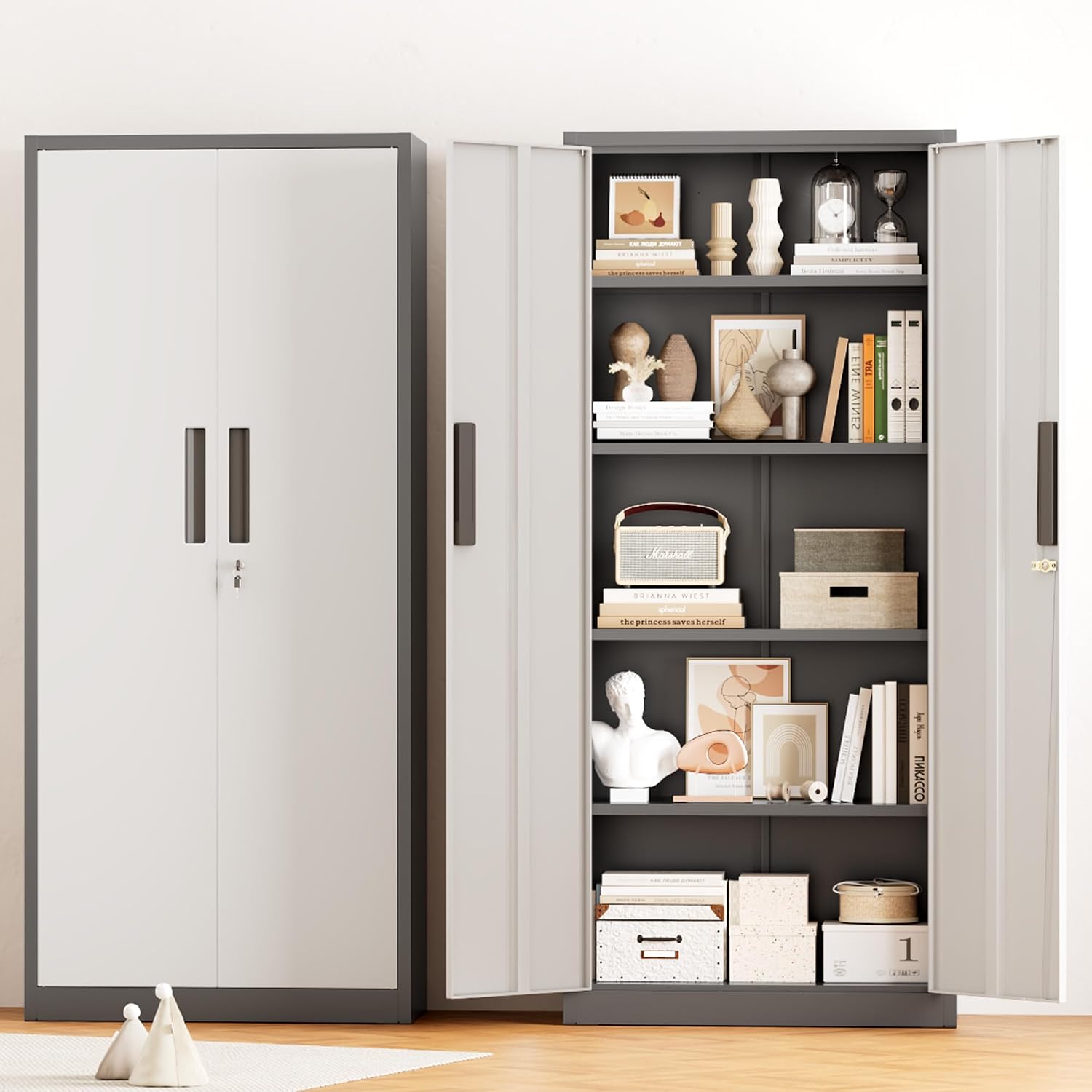 Greenvelly Metal Storage Cabinet, 63' H Locking Metal Storage Cabinet with Doors and 4 Shelves, Lockable Steel Cabinets for Kitchen, Bedroom, Living Room, Office (White Grey)