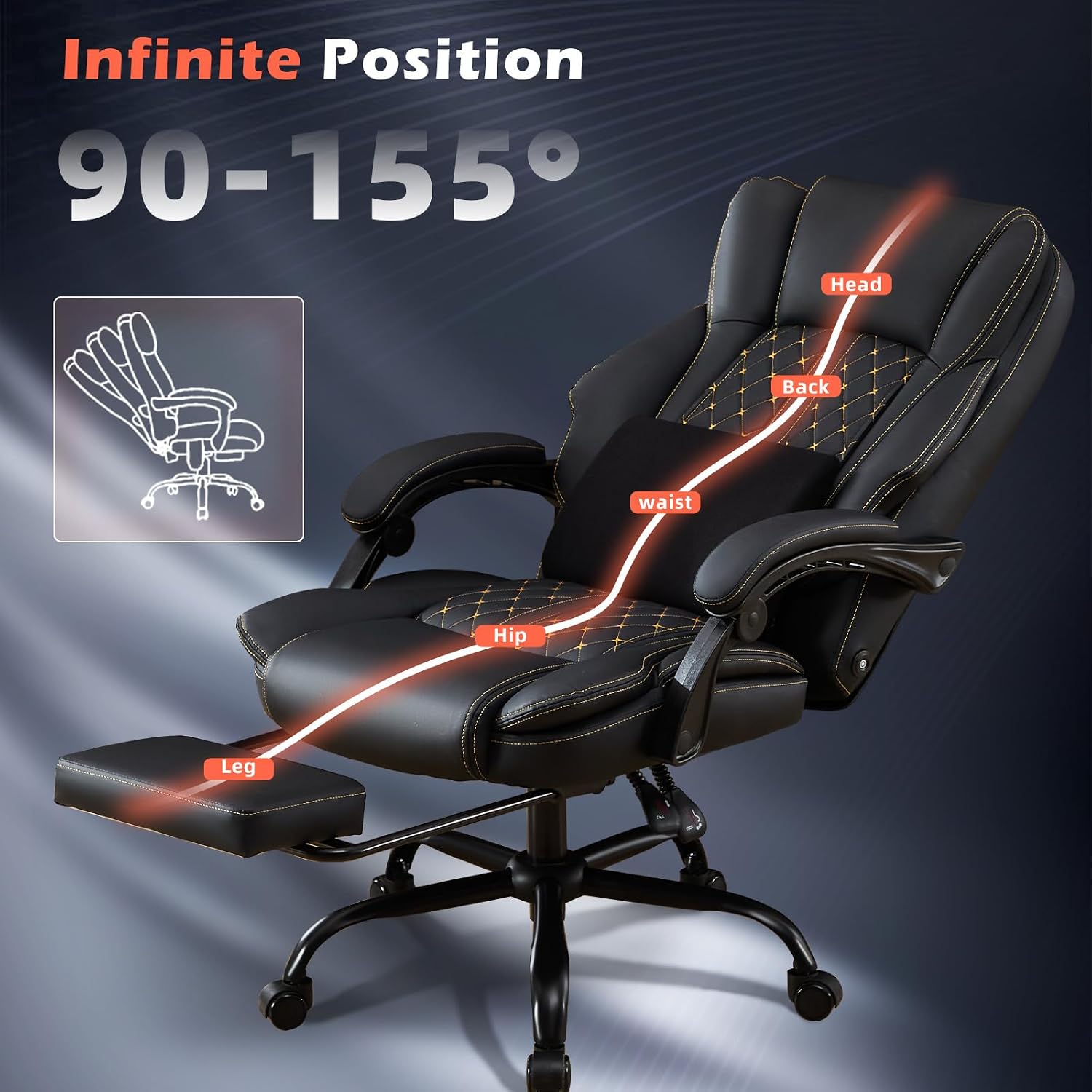Massage Office Chair with Foot Rest, Dual Kneading Lumbar Massage Ergonomic Office Chair, 500LBS Big and Tall Reclining Desk Chair with Pet Scratch-Resistant Leather and Pillow for Home Office