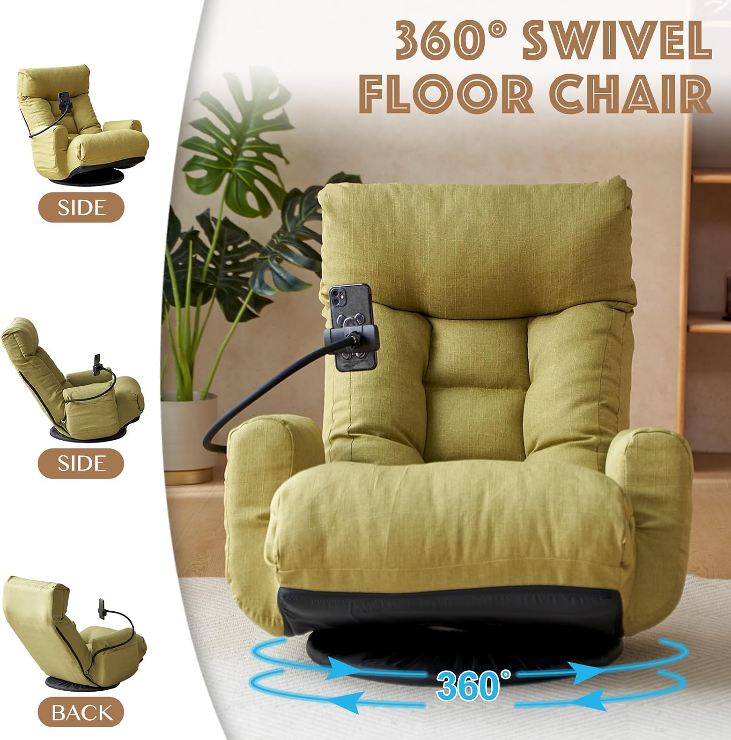 Floor Chair with Back Support, Swivel Gaming Chair with 5 Adjustable Position, Meditation Chair with Phone Holder, Linen Indoor Lounge Chair for Lazy Boys, Living Room, Bedroom, Lounge, Green