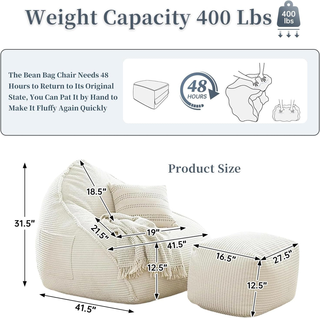 Ultra Soft Bean Bag Chair for Adults with Ottoman, Oversized Floor Sofa for Living Room, Gaming, Lounging, Napping (Off-White)