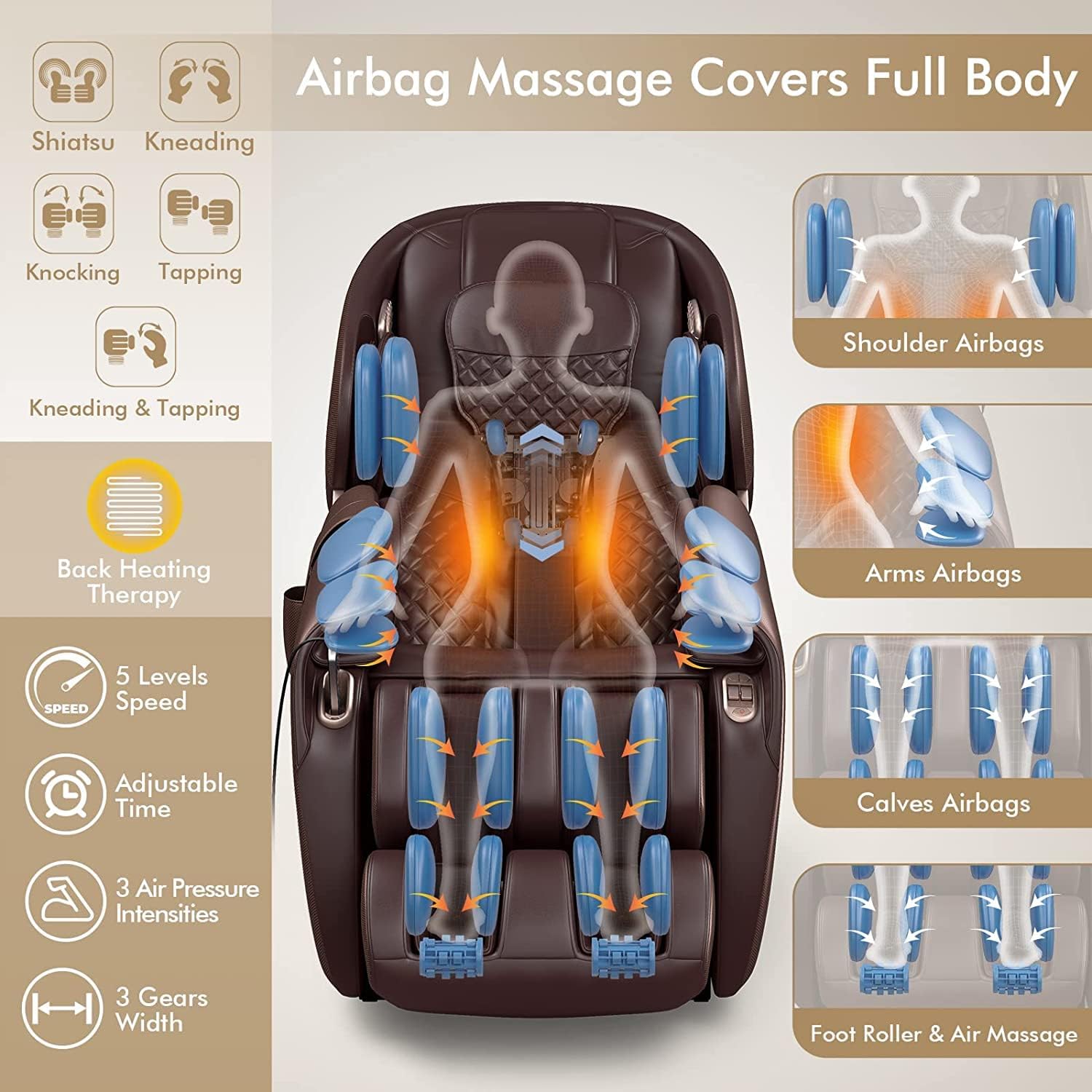 COSTWAY Massage Chair, Full Body Zero Gravity Massage Recliner with 12 Auto Modes, 53-Inch SL Track, 28 Airbags, Thai Stretch, Bluetooth Speaker, Foot Roller, Heat Therapy, Space-Saving, Brown