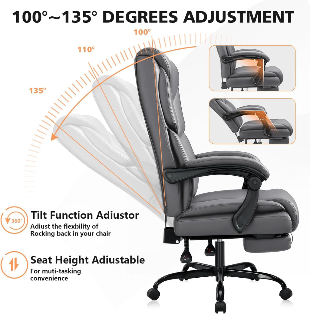 WAILOR 400lbs Office Chair with Foot Rest, Reclining Big and Tall Office Chair with Lumbar Support, High Back PU Leather Computer Chair,Comfy Desk Chair for Home Office (Gray)