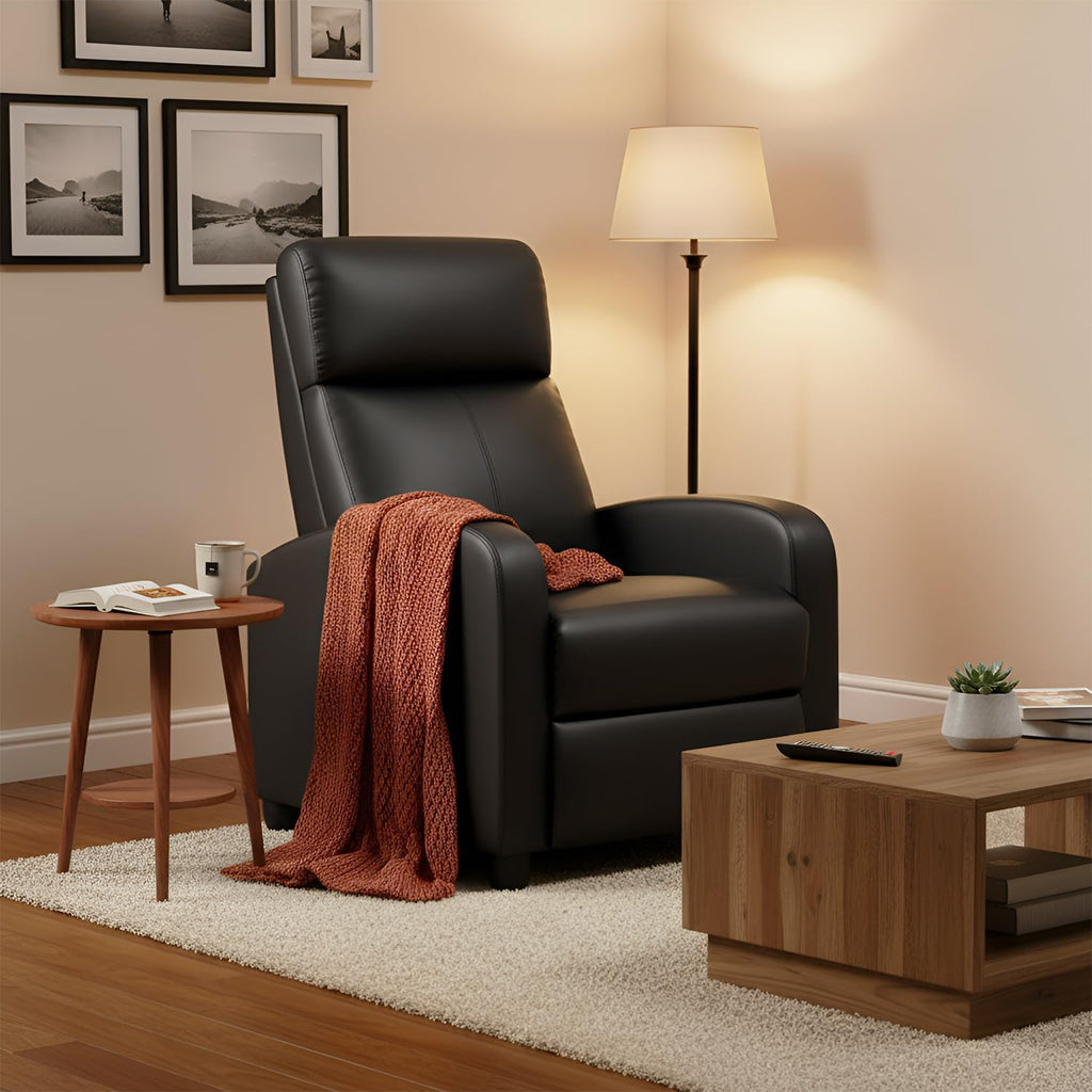 BestMassage Recliner Chair with Adjustable Backrest & Footrest, PU Leather Armchair with Lumbar Support for Living Room, Home Theater, Bedroom (Dark Black)