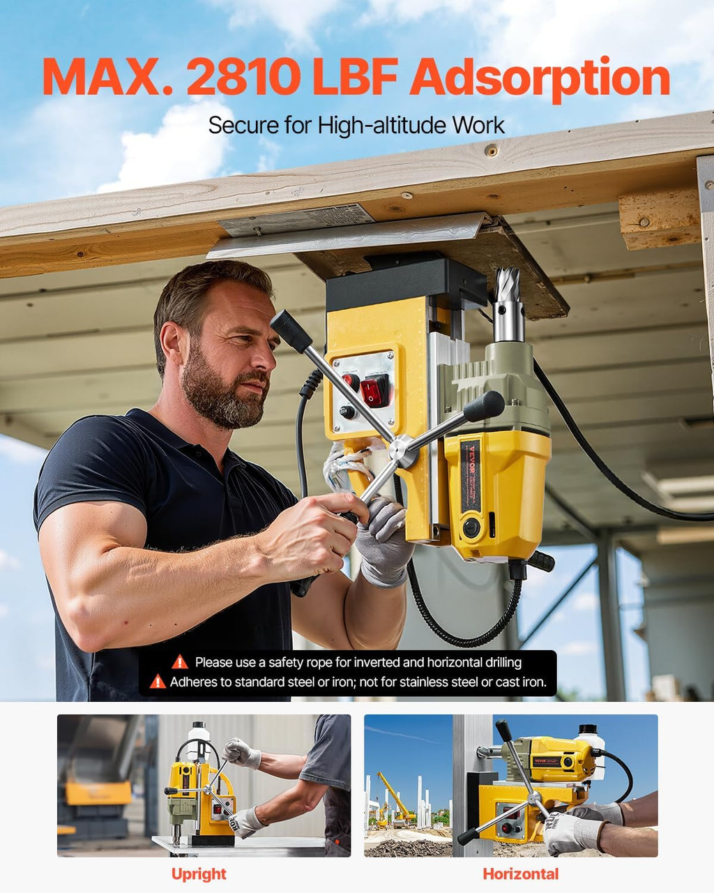 VEVOR Magnetic Drill, 1400W Motor 1.6 in Boring Diameter, 2810 lbf Portable Electric Mag Drill Press, with 11 Coring Bits, 800 RPM Speed, Drilling Machine for Metal Surface, Home Improvement Industry