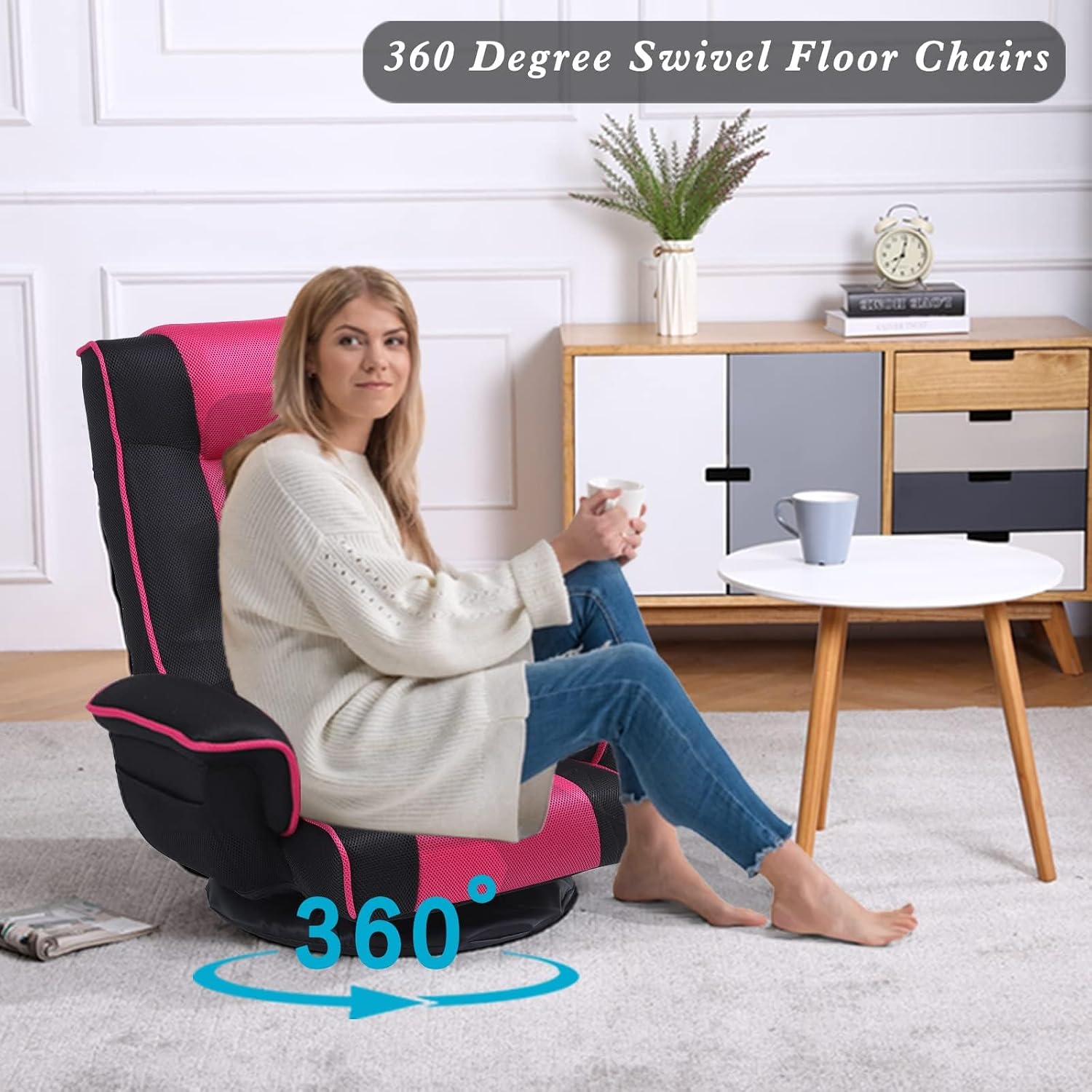 360 Swivel Gaming Floor Chair with Armrest Multi-Angle Folding Floor Chair Padded Backrest Lazy Sofa Lounge Chair for Living Room, Home Office QL201W-US-BK