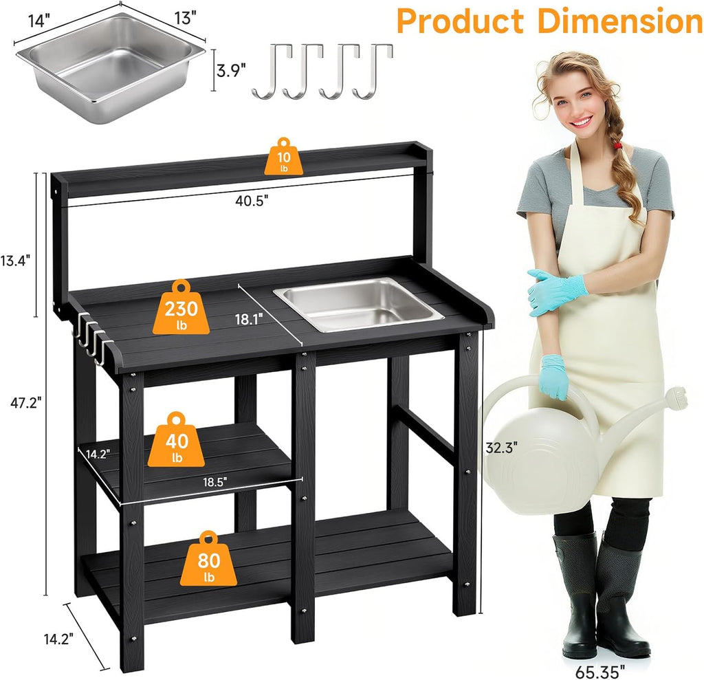 ONBRILL Potting Bench, Outdoor Potting Bench Table with Removable Sink, HDPS Potting Benches for Outside, Garden Table with Storage Shelves & 4 Side Hooks, No Rot, No Fade, No Break, 360lbs Capacity