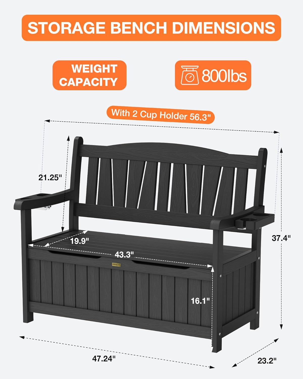 YEFU Outdoor Storage Bench for Patio: Heavy Duty Garden Bench with 96° High Backrest & Oversized Seating - HIPS Weatherproof Patio Bench with Storage for Porch Park Backyard, Black
