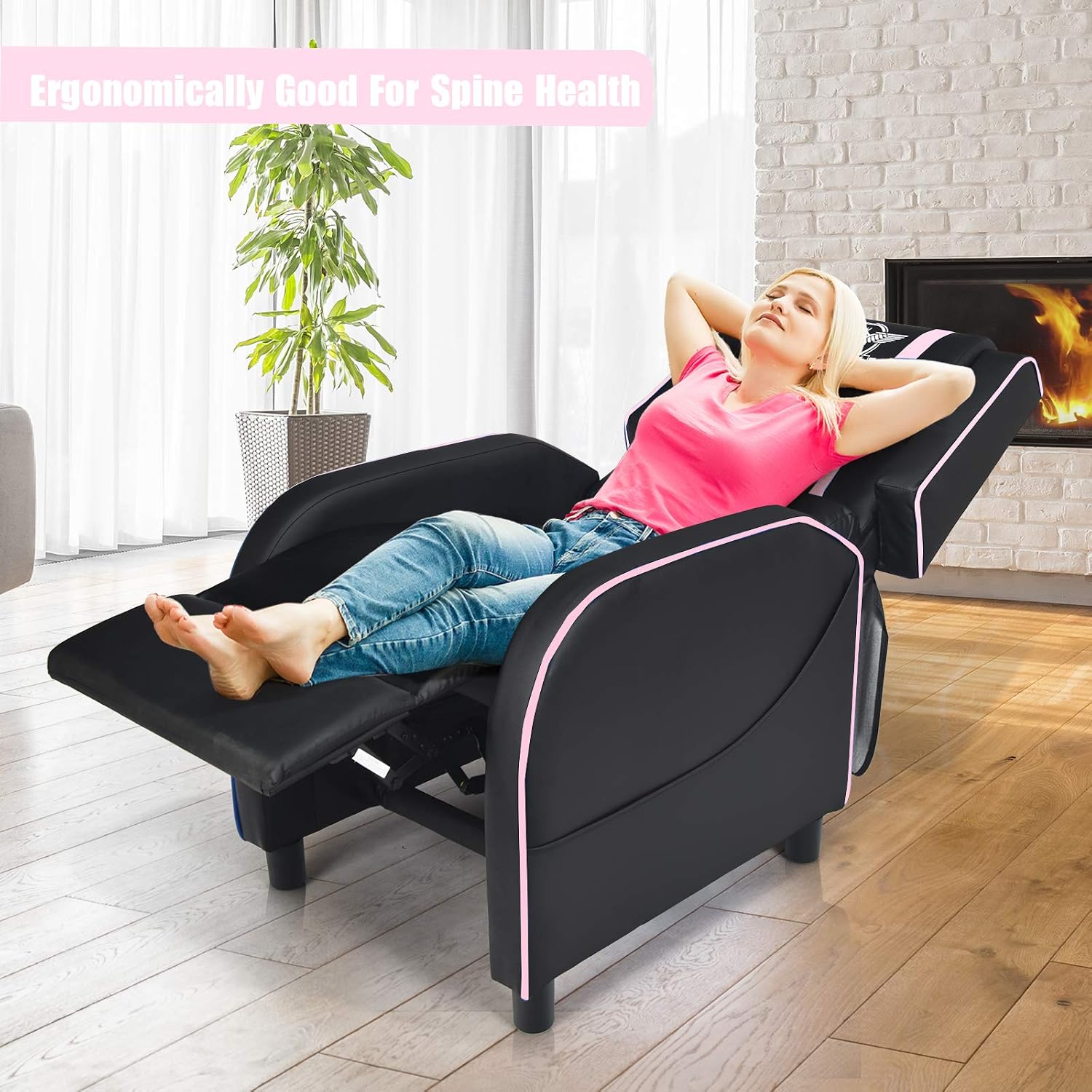 POWERSTONE Gaming Recliner Chair, Reclining Gaming Chairs for Adults Ergonomic Leather Sofa with Footrest Lumbar Support Headrest and Side Pouch for Living Room Home Theater, Pink