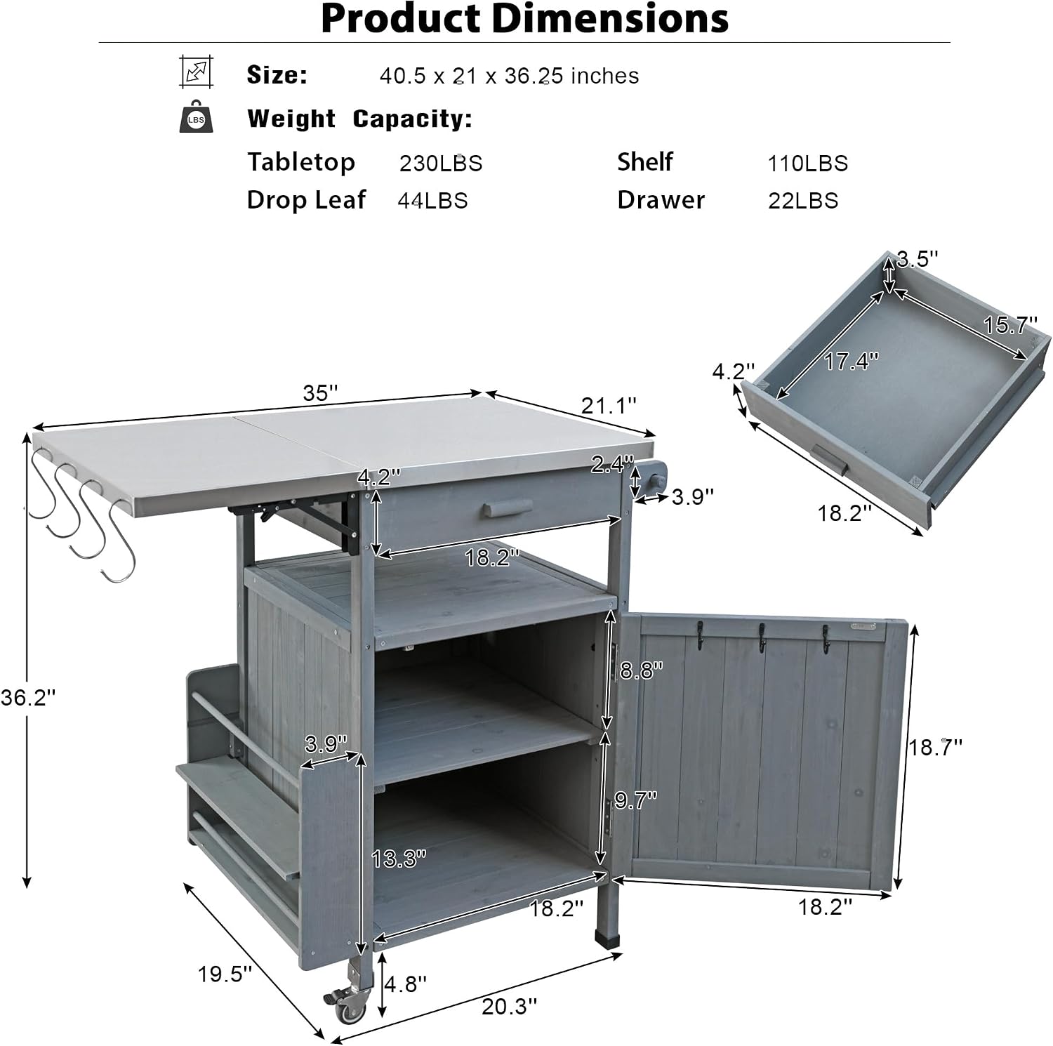 Merax 40.5' Outdoor Grill Cart with Stainless Steel Top, Outdoor Storage Cabinet with Drop Leaf, One Drawer, Towel Rack, Rolling Kitchen Cart with Lockable Wheels for Lawn Garden, Blue Grey