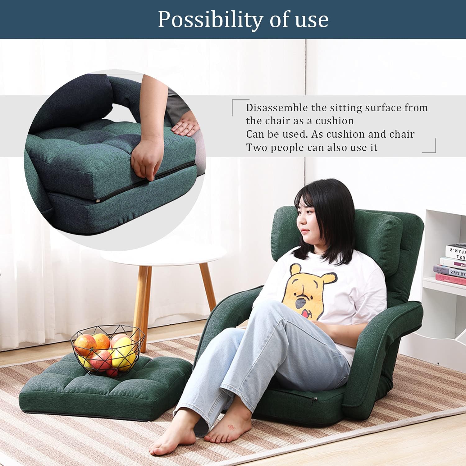 14-Position Adjustable Floor Chair, Chaise Lounge Indoor, Folding Lazy Sofa with Armrests and a Pillow Padded Adults Gaming Chairs for Living Room, Bedroom Factory Price (Green) 8803GN