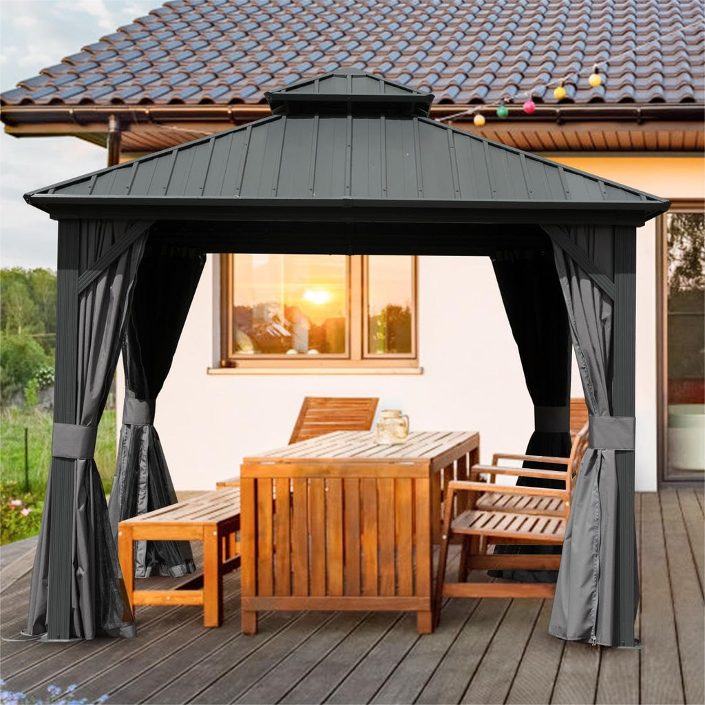 Domi Hardtop Gazebo 8x8FT, Aluminum Outdoor Gazebo with Galvanized Steel Double Roof Canopy, Curtains and Netting Included, Metal Gazebo Permanent Pavilion for Patio, Lawn, Garden, Gray