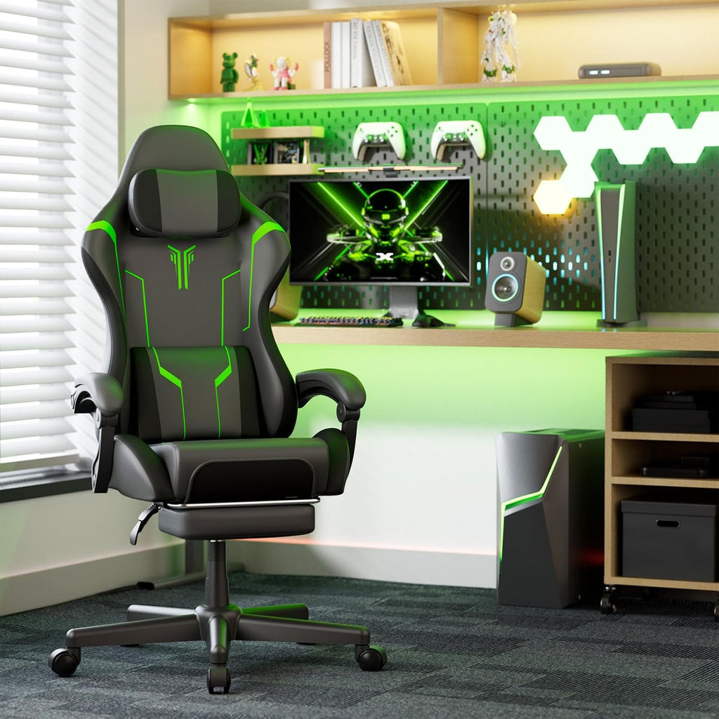 Soontrans PU Leather Ergonomic Gaming Chair, High Back Computer Chair with Footrest and Linkage Armrest, Office Video Game Chair with Massage Lumbar Support for Adult, Grey/Black
