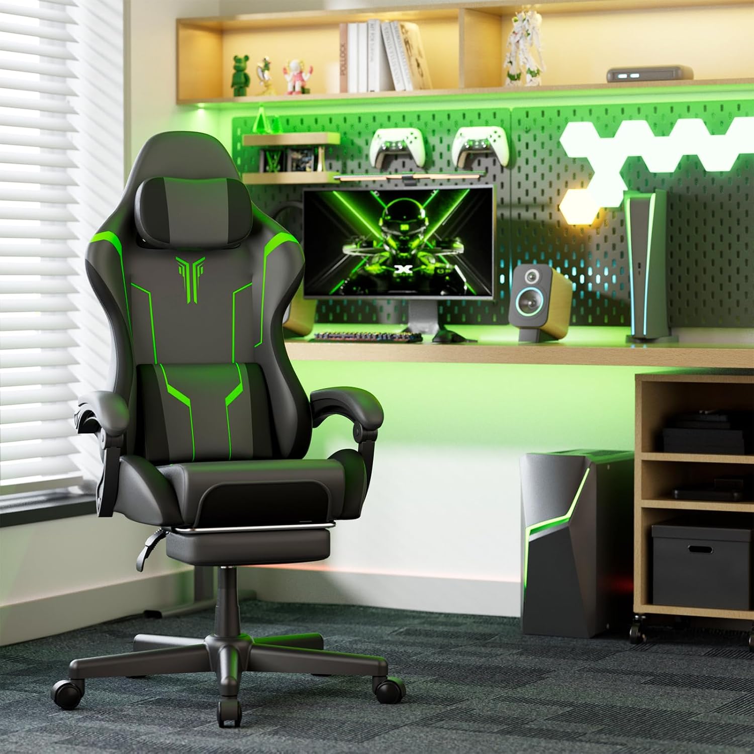Soontrans PU Leather Ergonomic Gaming Chair, High Back Computer Chair with Footrest and Linkage Armrest, Office Video Game Chair with Massage Lumbar Support for Adult, Grey/Black