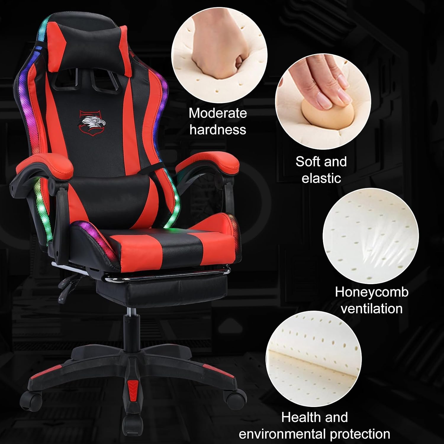 Gaming Chair,Computer Chair with Footrest and Lumbar Support,Height Adjustable Game Chair with 360° Swivel Seat and Headrest for Office&Gaming,Office Chair with Bluetooth Speakers&LED Lights (Red)
