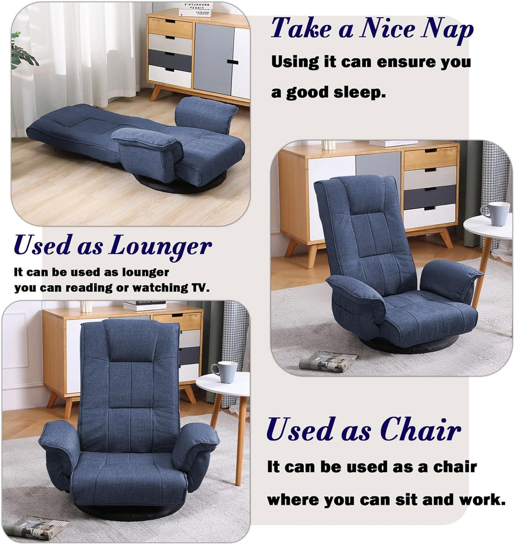360 Degree Swivel Floor Chairs for Adults, Gaming Floor Chair with Back Support, 14 Angles Adjustable Comfortable Floor Lounge Chair Folding Video Game Chairs Office Bedroom 201(Blue)