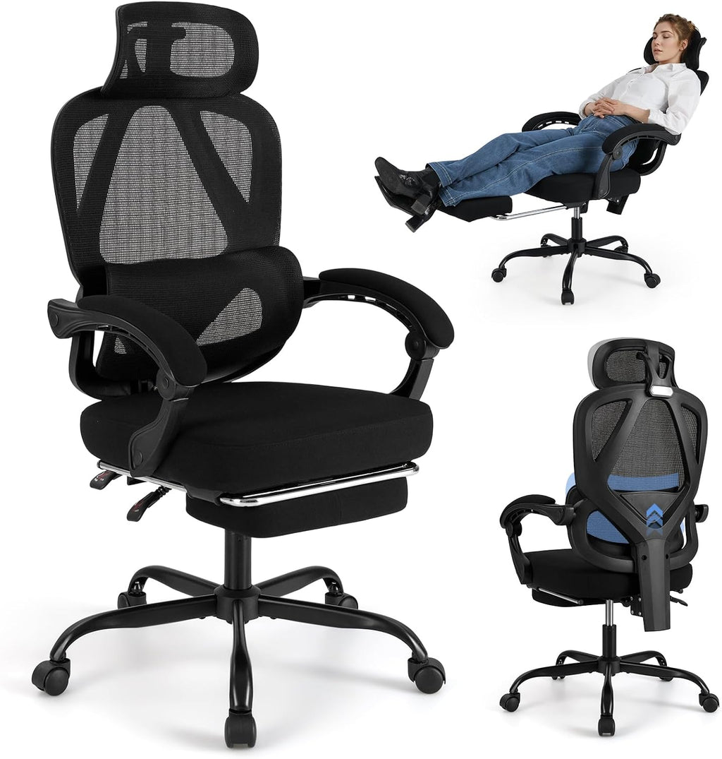 Giantex Mesh Office Chair, Ergonomic Desk Chair with Retractable Footrest, 135° Tilting Backrest, Adjustable Headrest & Lumbar Support, Padded Armrest, Computer Chair with High Back for Home Office