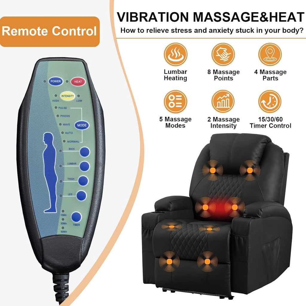 AHMED Power Recliner Chair with Vibration Massage & Heat for Adults, Faux Leather Home Theater Seating with Cup Holders/LED Lights/USB Ports/Side Pockets for Living Room, Black