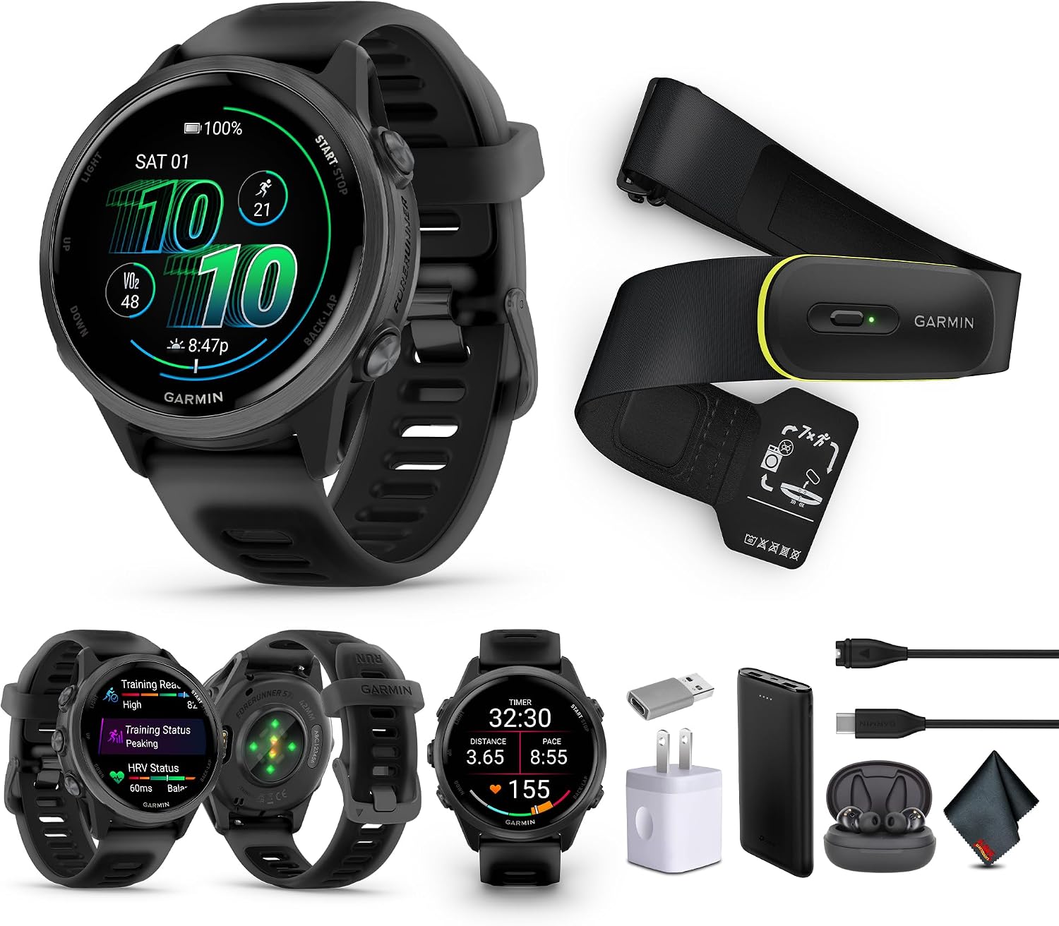Garmin Forerunner 570 Running Smartwatch, 42MM WiFi, GPS Fitness Smart Watch for Men and Women, Slate Gray Aluminum with Translucent Black/Black Band + Access 600 Fitness Monitor, M-XL + More