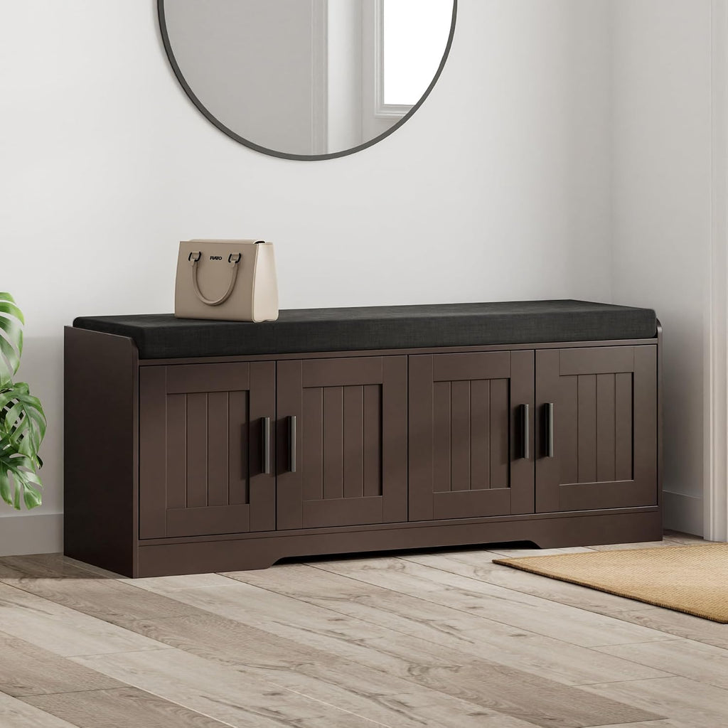 Homleke 2-Tier Storage Bench, Shoe Bench with Thickened Padded Seat Cushion, Entryway Bench with 4 Doors, Adjustable Shelf, 13.8' D x 45.3' W x 18.5' H, for Entryway, Living Room, Bedroom, Brown