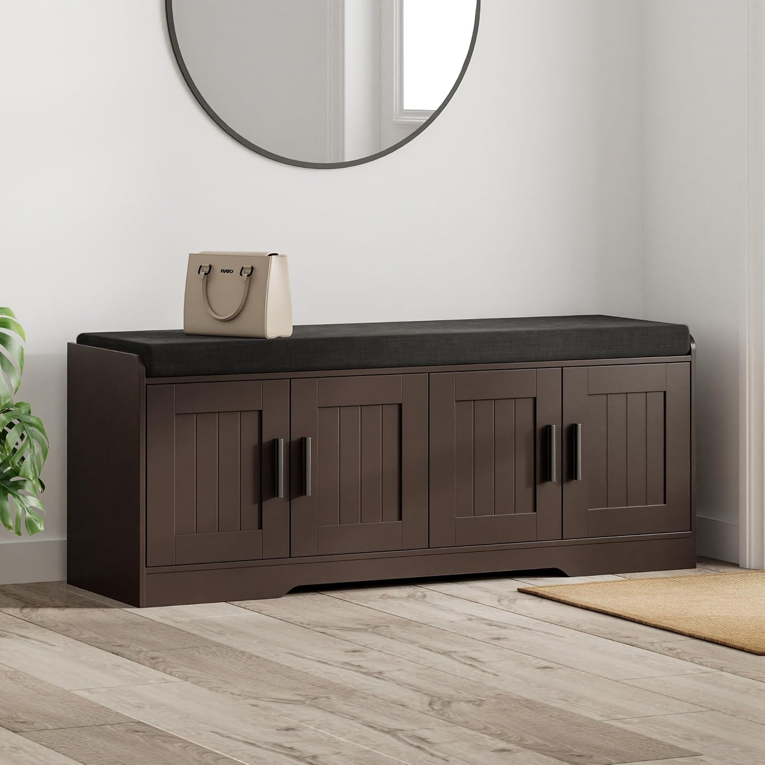 Homleke 2-Tier Storage Bench, Shoe Bench with Thickened Padded Seat Cushion, Entryway Bench with 4 Doors, Adjustable Shelf, 13.8' D x 45.3' W x 18.5' H, for Entryway, Living Room, Bedroom, Brown