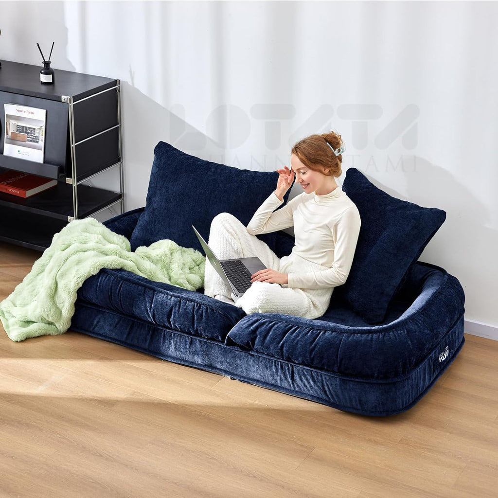 LouannTatami Foldable Lazy Sofa Bed Floor Chair - Adjustable Human Dog Bed for Adults Kids Floor Seats - Cozy Small Couch for Home Living Room(Blue)