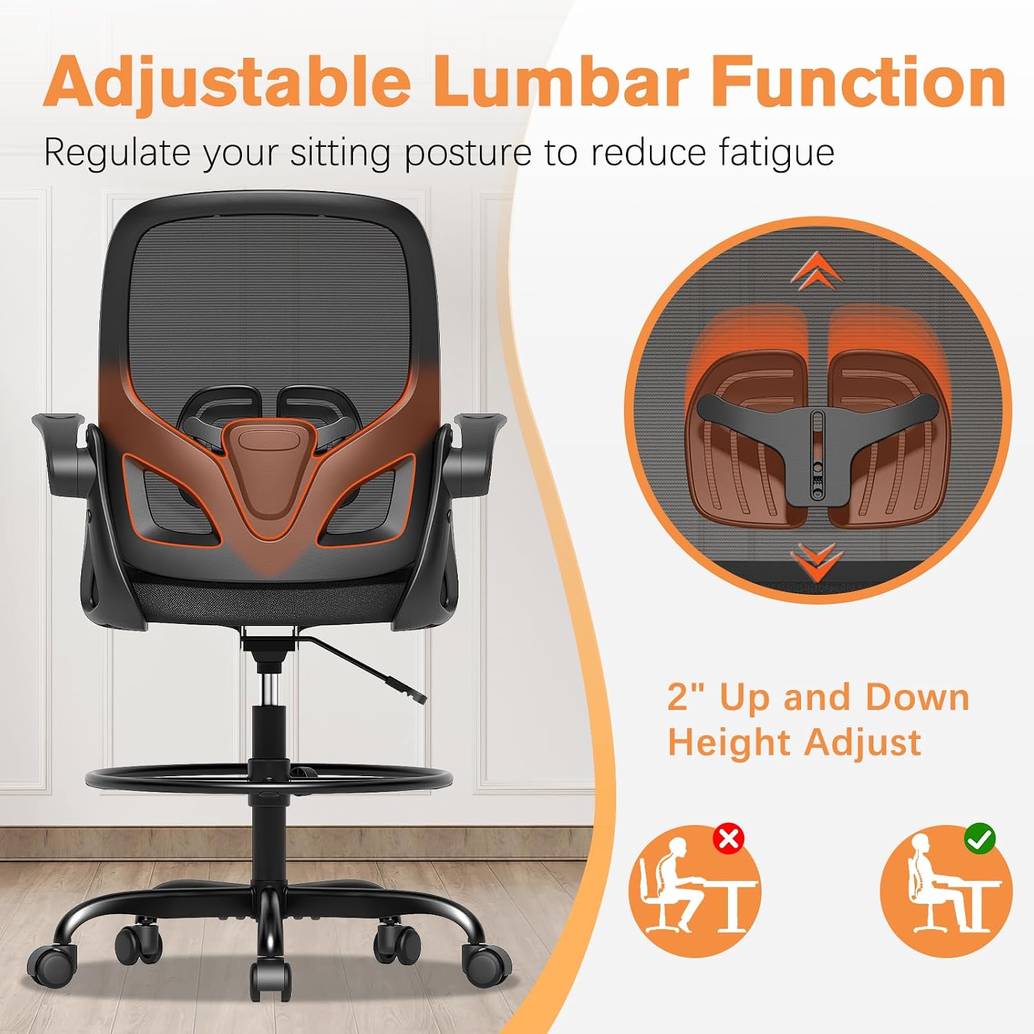 ORRSAKER Drafting Chair Tall Office Chair for Standing Desk, Breathable Mesh Ergonomic Computer Desk Chair with Flip-Up Armrests, Adjustable Lumbar Support and Footrest Ring,300 LBS，Black