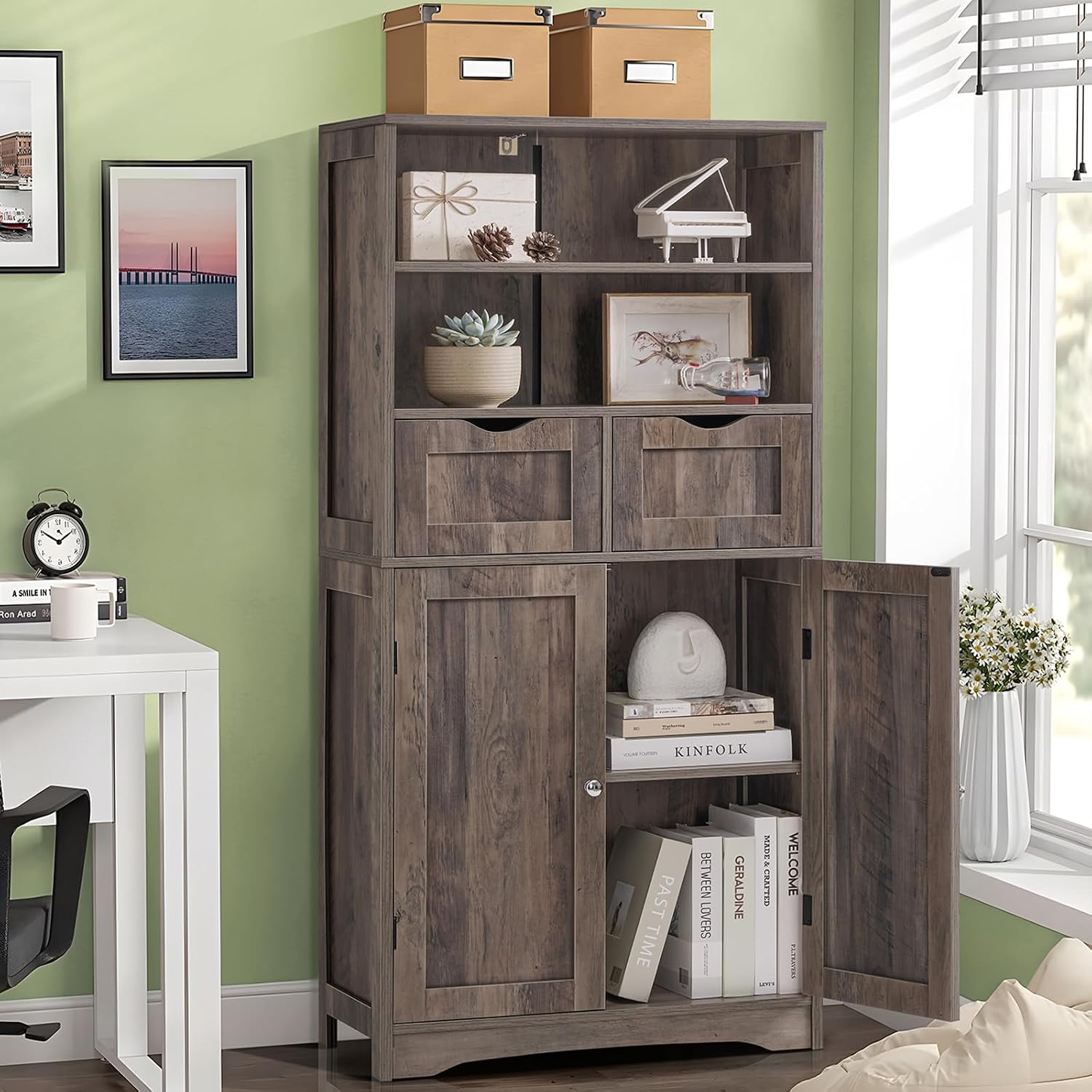 Iwell Tall Storage Cabinet with 2 Drawers & Adjustable Shelf, Bathroom Cabinet with Doors, Kitchen Pantry Storage Cabinets, Cupboard for Living Room, Dining Room, Entryway, Rustic Gray