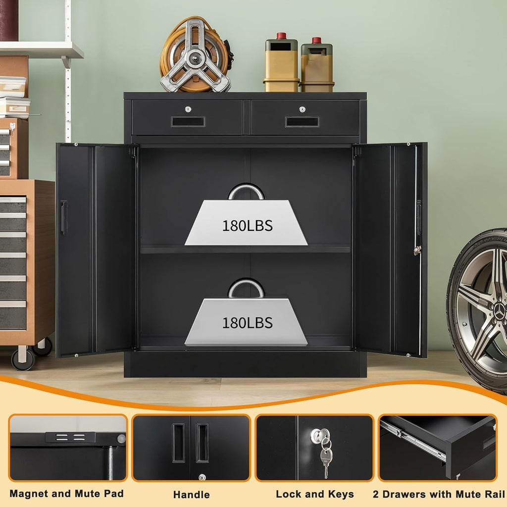 Wanfu Metal Storage Cabinet, 36' H Locking Storage Cabinet with 2 Drawers and Adjustable Shelf, Metal Cabinets for Office, Garage, Home-Black