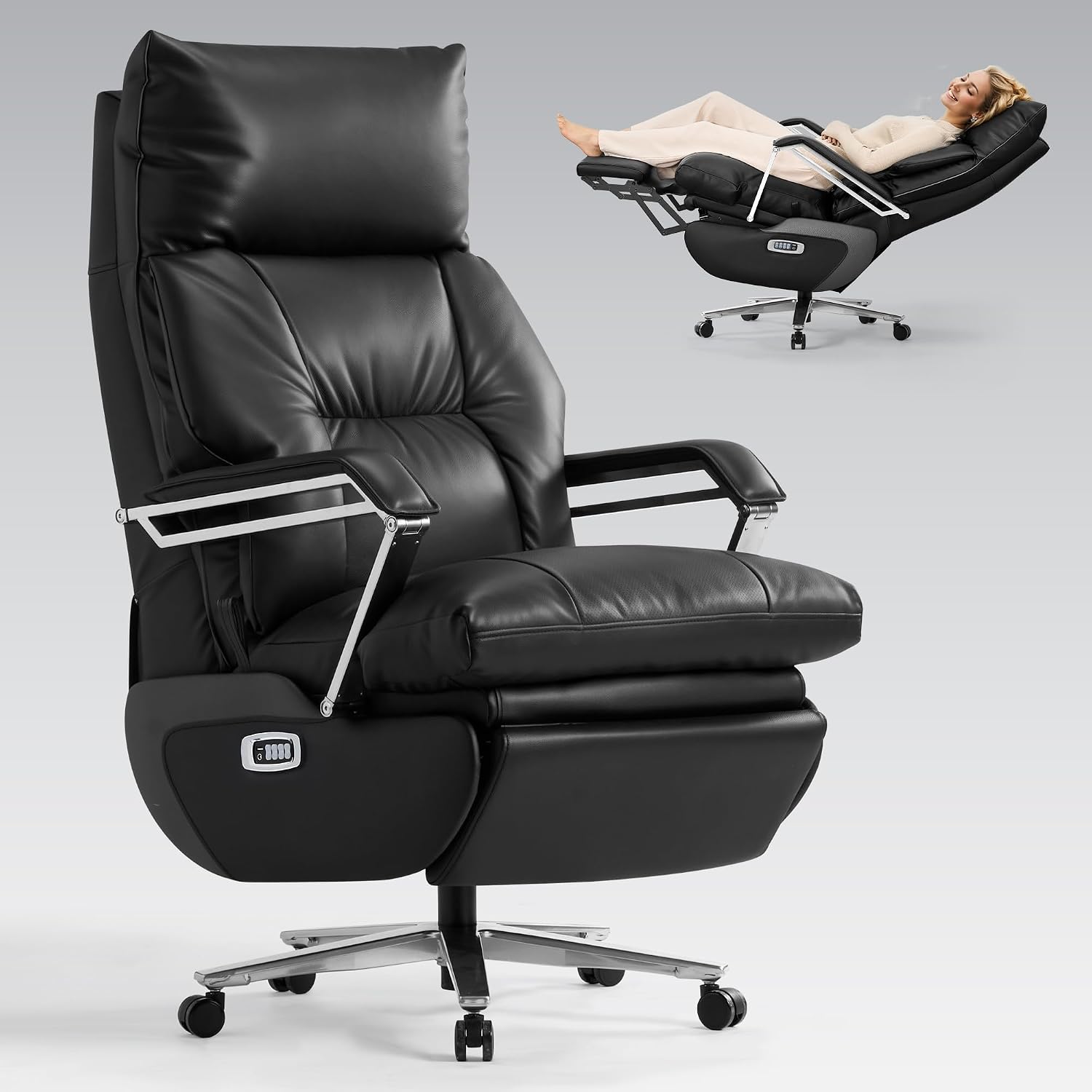 OKUP® M80A Dual Motor Electric Executive Office Chair with Heat Massage Ventilation, Comfortable Reclining Office Chair Wide Seat, Ergonomic Leather Home Office Desk Chair (Black,Multi-Functionality)