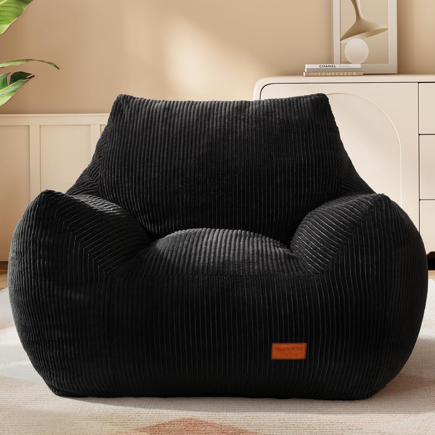 Big Bean Bag Chair for Adults, Ultra Soft Living Room Bean Bag with Armrests, Stuffed BeanBag Chair for Napping, Gaming, Vacuum-Compressed for Easy Gifting, 48 Hours to Fluffs Up, Black