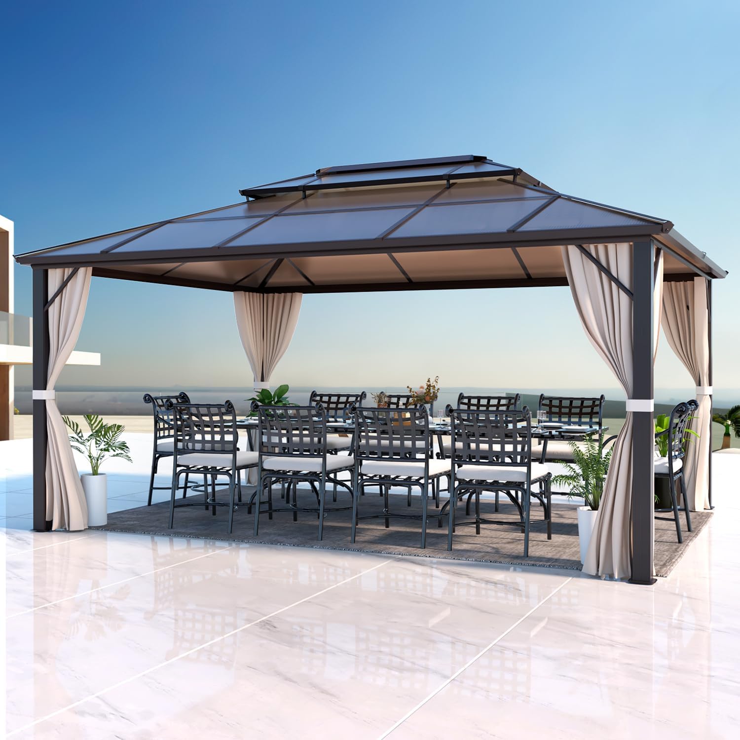 EROMMY 12'x16' Gazebo Polycarbonate Double Roof Pavilion Gazebo Outdoor Aluminum Frame Canopy with Netting and Curtains for Garden Patio Lawns Parties