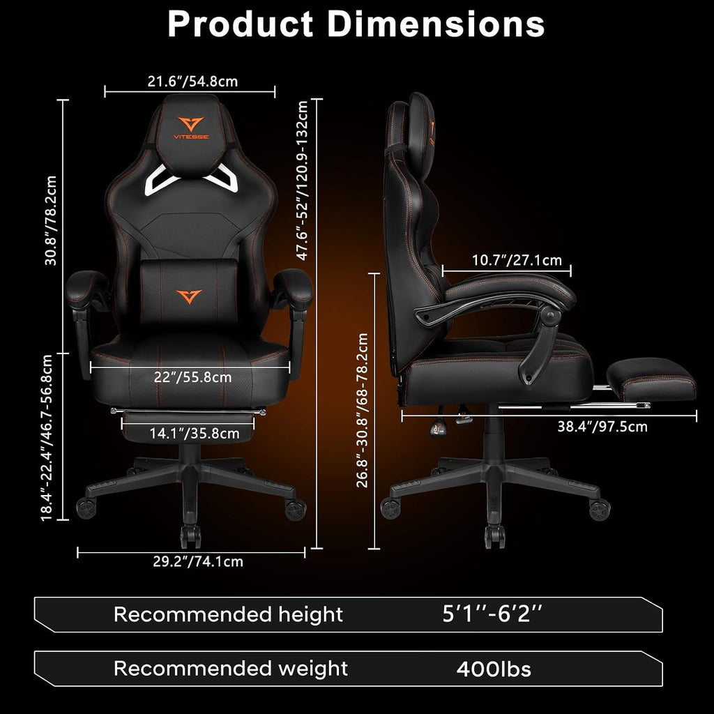 VITESSE Big and Tall Gaming Chair with Footrest,Ergonomic Video Gaming Chair with Oversized Headrest and Lumbar Support for Adults 400lb Weight Capacity,Computer Chair for Office or Gaming (Orange)