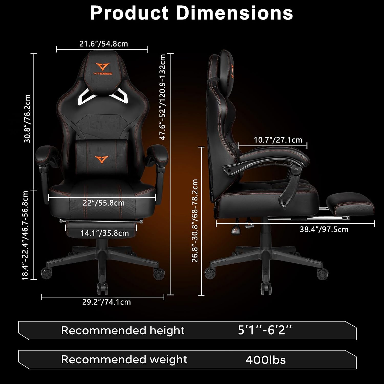 VITESSE Big and Tall Gaming Chair with Footrest,Ergonomic Video Gaming Chair with Oversized Headrest and Lumbar Support for Adults 400lb Weight Capacity,Computer Chair for Office or Gaming (Orange)