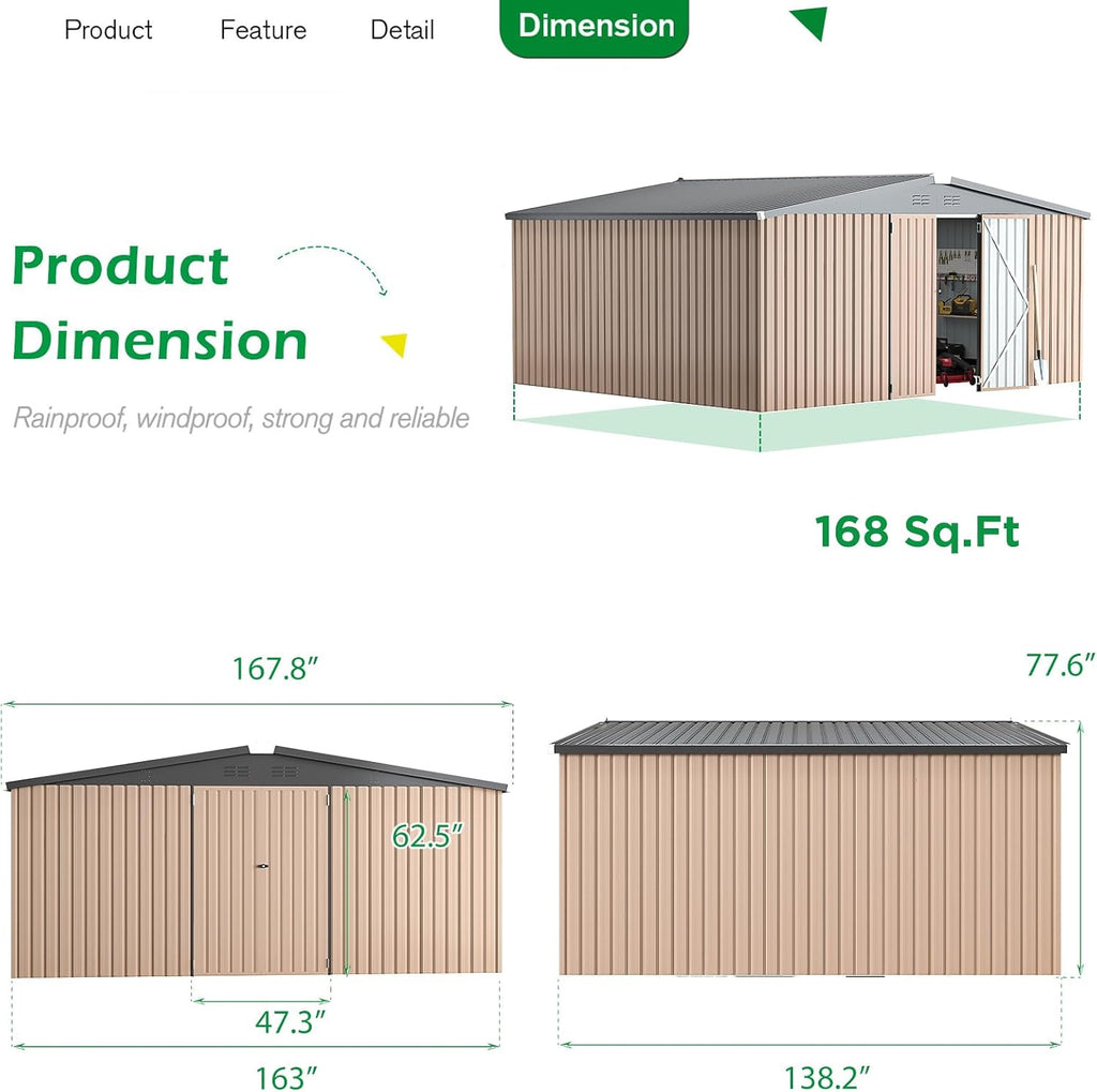 U-MAX 10x14 Outdoor Storage Shed, Large Metal Outside Storage Garden Sheds & Outdoor Storage Shed Clearance, Tool Shed Lockable for Backyard, Patio and Outside Use in Gray